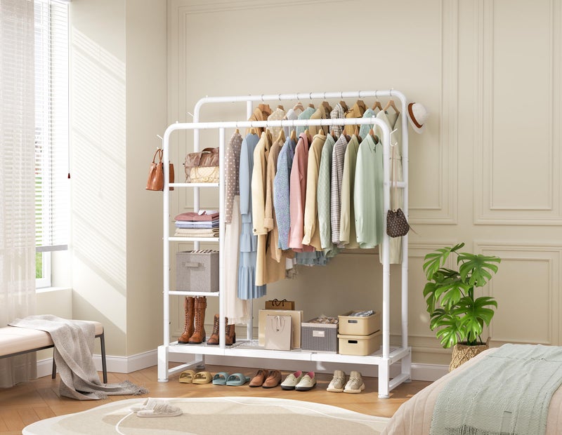HOMIDEC Double Rods Clothes Rack Clothing Rack with 4 Tier Storage Shelves Clothes Rack for Hanging Clothes Multifunctional Heavy Duty Clothes Organizer with Hooks for Bedroom,Wardrobe Closet,Shop,White - Image 2