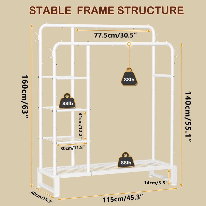HOMIDEC Double Rods Clothes Rack Clothing Rack with 4 Tier Storage Shelves Clothes Rack for Hanging Clothes Multifunctional Heavy Duty Clothes Organizer with Hooks for Bedroom,Wardrobe Closet,Shop,White - Image 3
