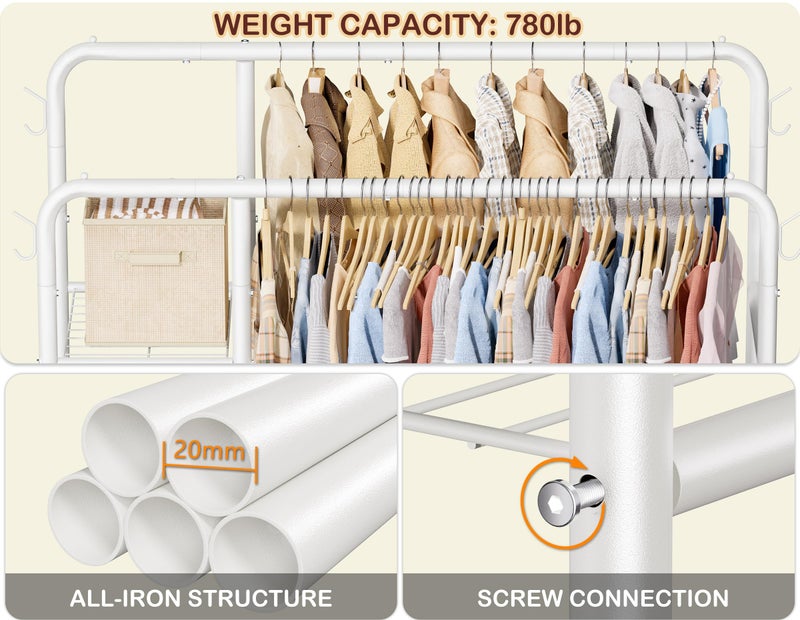 HOMIDEC Double Rods Clothes Rack Clothing Rack with 4 Tier Storage Shelves Clothes Rack for Hanging Clothes Multifunctional Heavy Duty Clothes Organizer with Hooks for Bedroom,Wardrobe Closet,Shop,White - Image 5