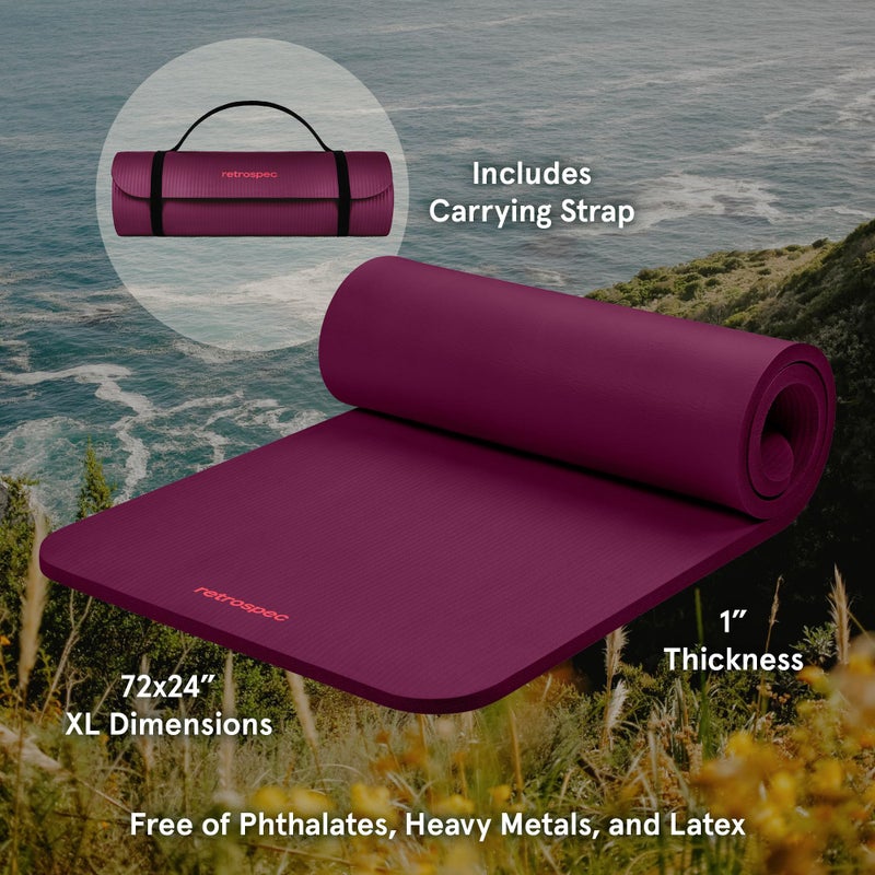 Retrospec Solana Yoga Mat 1" Thick w/Nylon Strap for Men & Women - Non Slip Exercise Mat for Home Yoga, Pilates, Stretching, Floor & Fitness Workouts - Boysenberry - Image 2