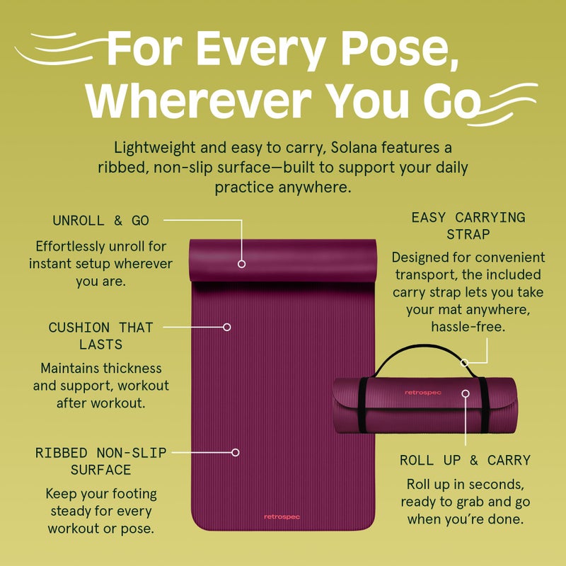 Retrospec Solana Yoga Mat 1" Thick w/Nylon Strap for Men & Women - Non Slip Exercise Mat for Home Yoga, Pilates, Stretching, Floor & Fitness Workouts - Boysenberry - Image 5