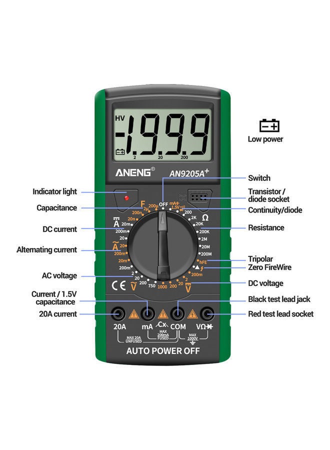 NIBEMINENT Aneng An9205a+True-rms Digital Multimeter Transistor Tester Capacitor Automotive Electrical Capacitance Meter Temp Diode green 20*20*20cm - Image 2