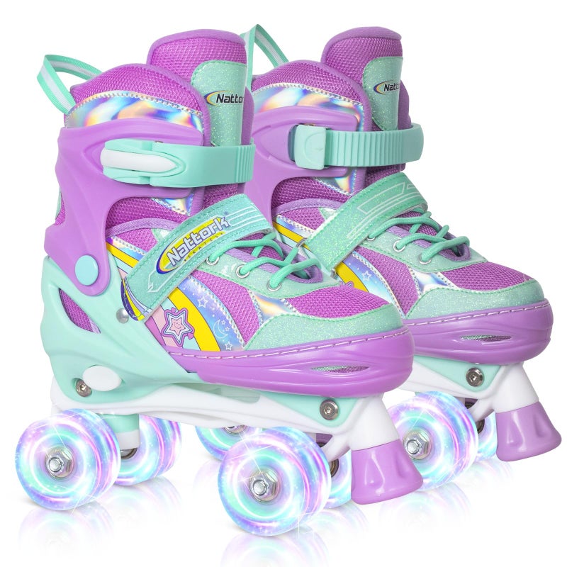 Nattork Girls Rainbow Unicorn Roller Skates for Little Kids Toddler Ages 3-5 3 4 5, 4 Size Adjustable Quad Skates with All Light Up Wheels - Best Birthday Gift for Outdoor Sports - Teal - Image 1