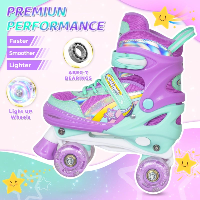 Nattork Girls Rainbow Unicorn Roller Skates for Little Kids Toddler Ages 3-5 3 4 5, 4 Size Adjustable Quad Skates with All Light Up Wheels - Best Birthday Gift for Outdoor Sports - Teal - Image 3