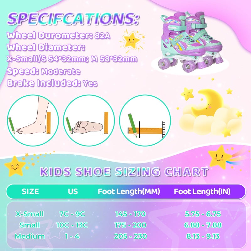 Nattork Girls Rainbow Unicorn Roller Skates for Little Kids Toddler Ages 3-5 3 4 5, 4 Size Adjustable Quad Skates with All Light Up Wheels - Best Birthday Gift for Outdoor Sports - Teal - Image 5