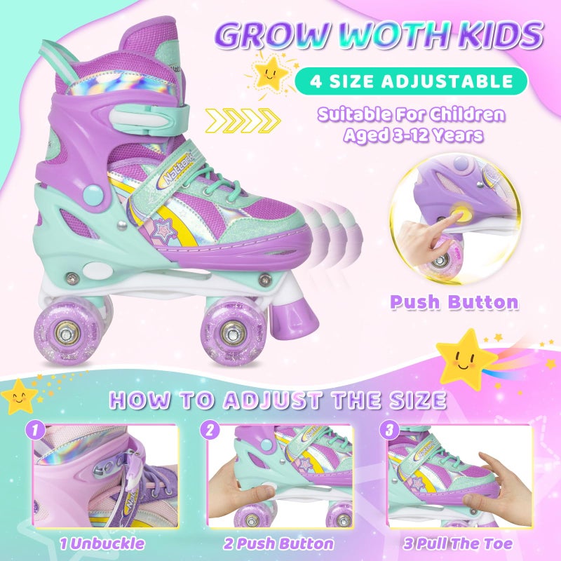 Nattork Girls Rainbow Unicorn Roller Skates for Little Kids Toddler Ages 3-5 3 4 5, 4 Size Adjustable Quad Skates with All Light Up Wheels - Best Birthday Gift for Outdoor Sports - Teal - Image 2