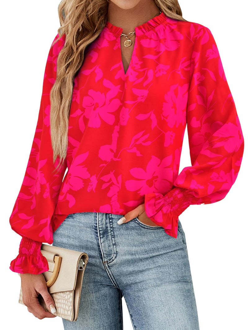 MASCOMODA Womens V Neck Floral Long Sleeve Tops 2026 Summer Casual Loose Puff Sleeve Chiffon Boho Work Blouse Dressy T Shirts(Red Big Floral,Large) - Image 4