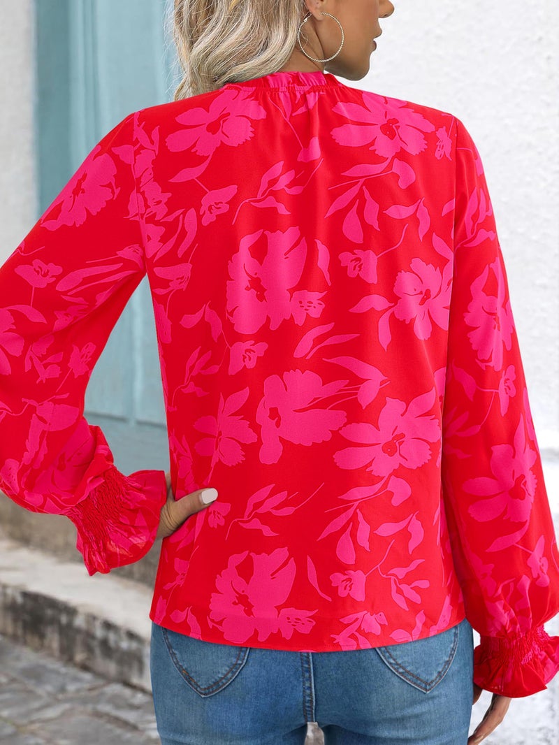 MASCOMODA Womens V Neck Floral Long Sleeve Tops 2026 Summer Casual Loose Puff Sleeve Chiffon Boho Work Blouse Dressy T Shirts(Red Big Floral,Large) - Image 5