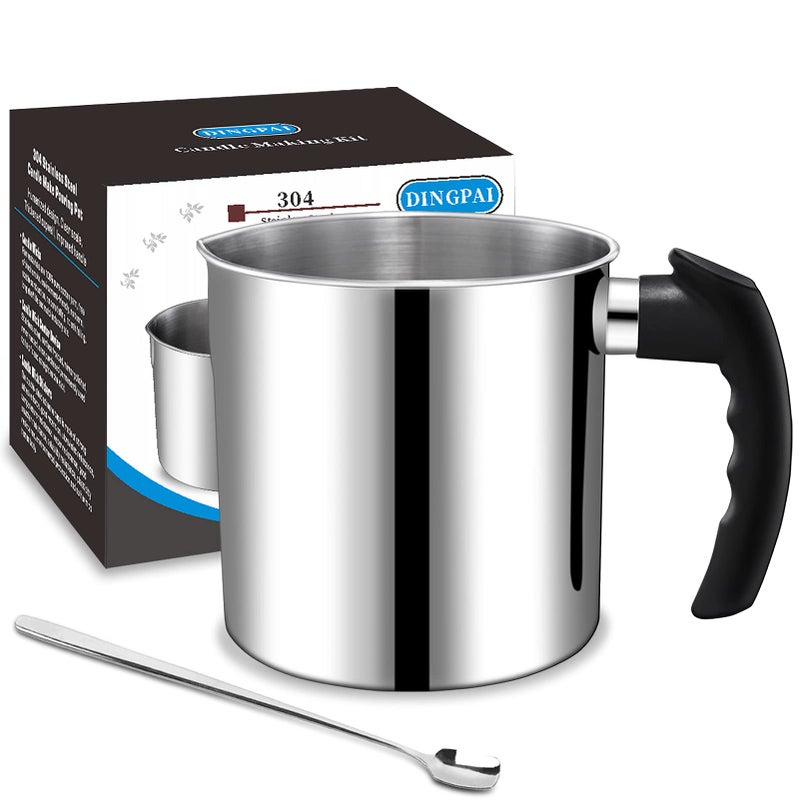 Candle Making Pouring Pot DINGPAI 44oz Double Boiler Wax Melting Pot 1pc Spoon 304 Stainless Steel Candle Making Pitcher Silver Color with HeatResistant Handle and Dripless Pouring Spout Design