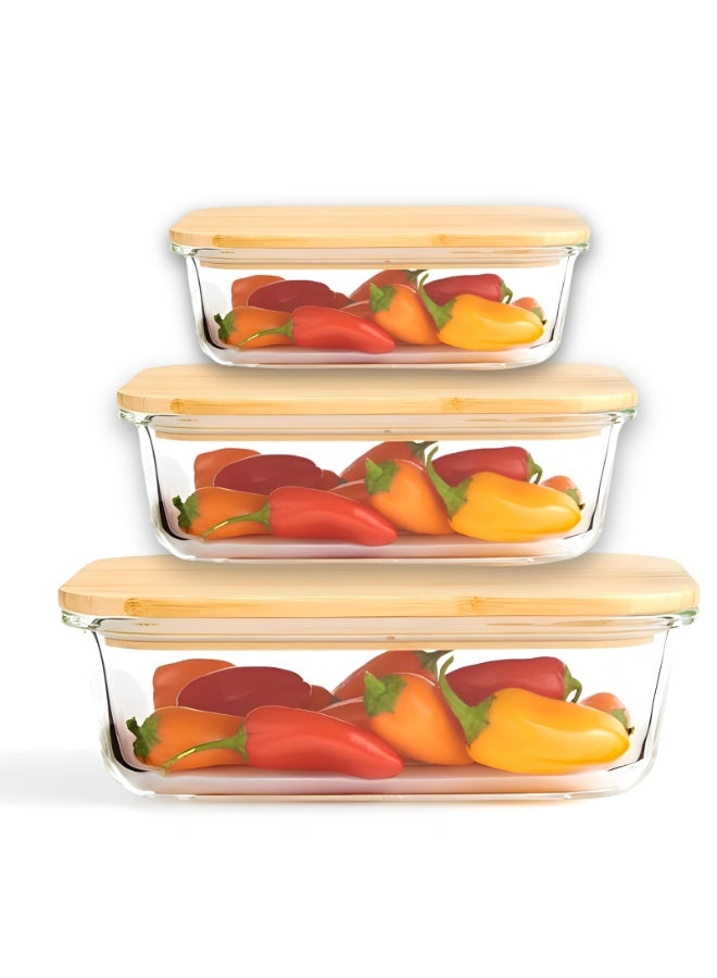 Blackstone Borosilicate Glass Food Storage Containers Set Of 3 For Meal Prep Leftovers Rice Pasta With Wooden Lids BGC52 (640ML 1040ML 1520ML) - Image 1