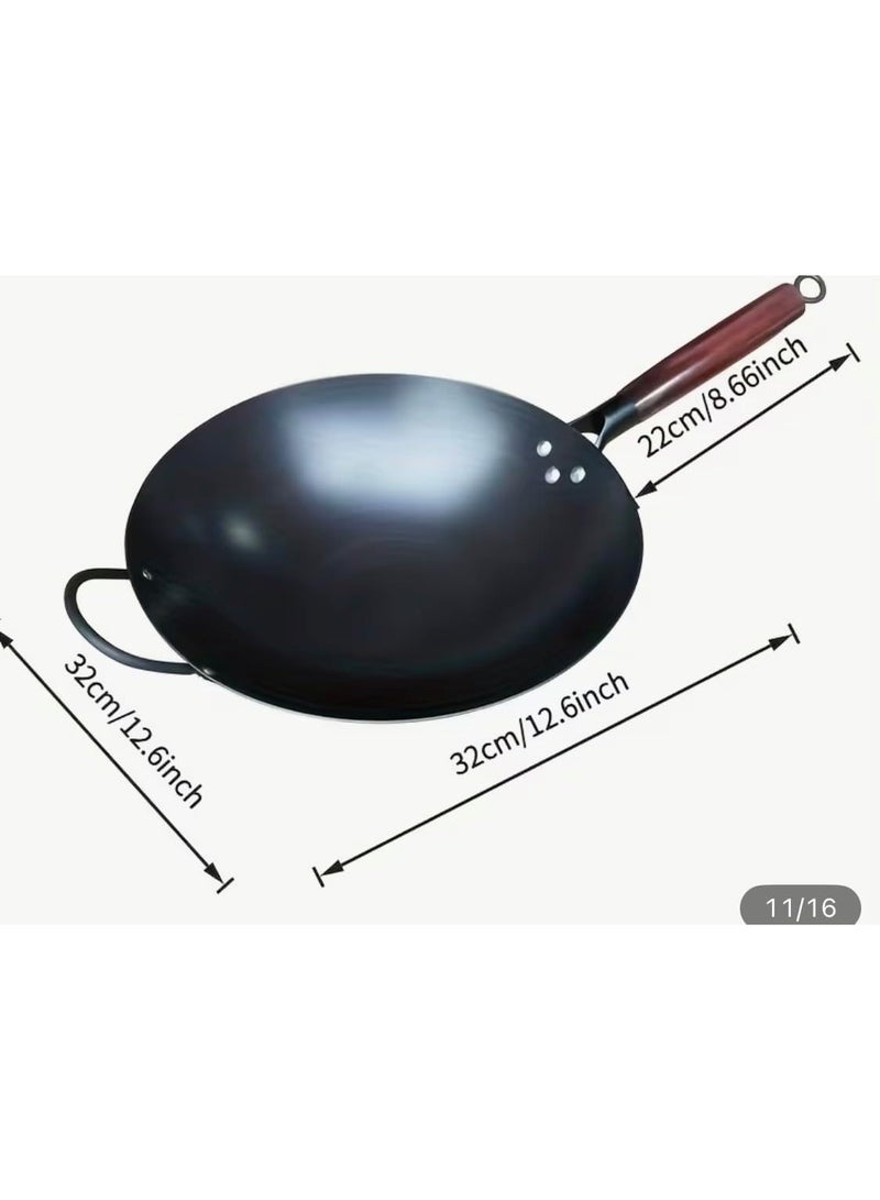 ZAMFA Carbon steel Wok Frying Pan 32 cm Round Bottom with Stainless Steel Lid, & 2x Spatula, steamer, Ideal for Stir-Fry, Die-Cast Induction Compatible Granite Coating,Oven Safe (Black) - Image 2