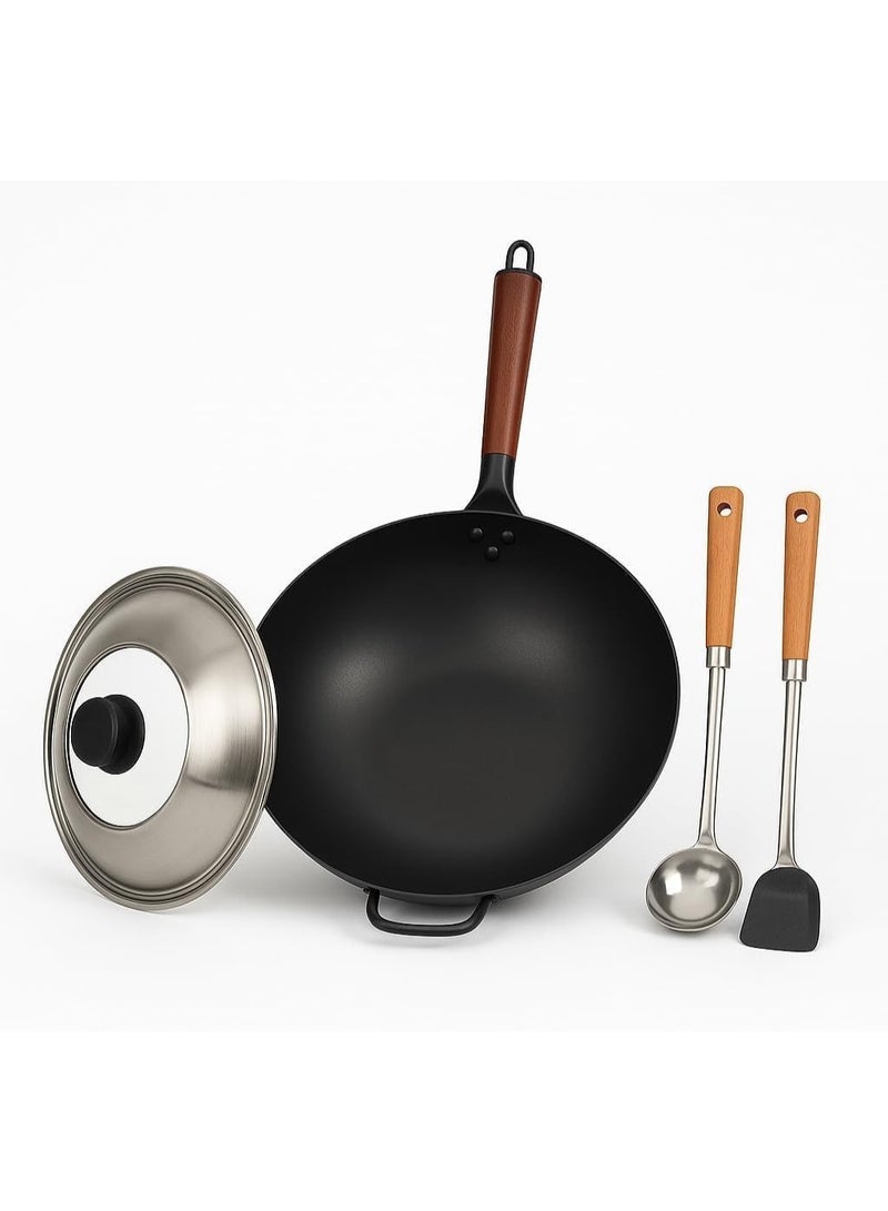 ZAMFA Carbon steel Wok Frying Pan 32 cm Round Bottom with Stainless Steel Lid, & 2x Spatula, steamer, Ideal for Stir-Fry, Die-Cast Induction Compatible Granite Coating,Oven Safe (Black) - Image 1