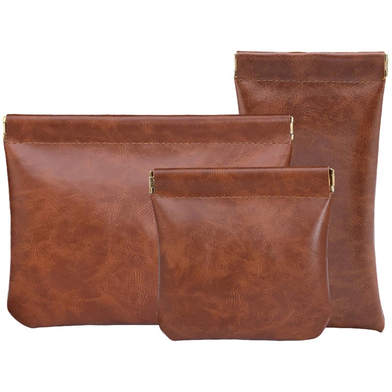 Hapforever 3PCS Pouchic Snap Closure Pouches, Pu Leather Small Makeup Bag for Purse Mini Cosmetic Bags for Travel Makeup Pouch Purse for Women Three Sizes Coin Purses Organizer Storage Pouch(Brown) - Image 1