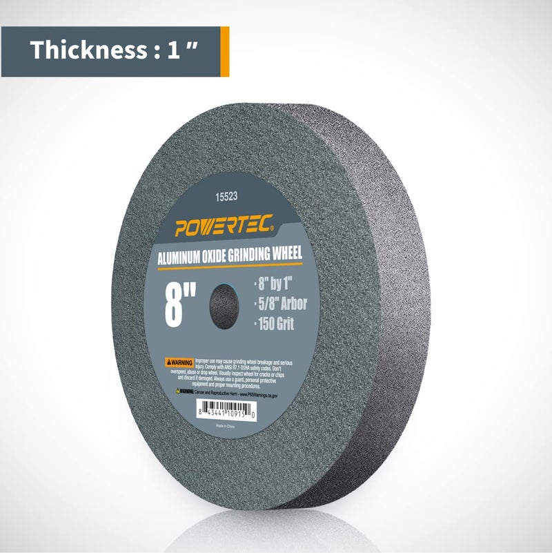 POWERTEC Bench Grinder Wheel 8 Inch 150 Grit, Aluminum Oxide Grinding Wheel for Bench Pedestal Grinder, 1" Thick 5/8" Arbor, Sharpening & Shaping Drill Bits, Blade, and Chisel 1PK (15523) - Image 2