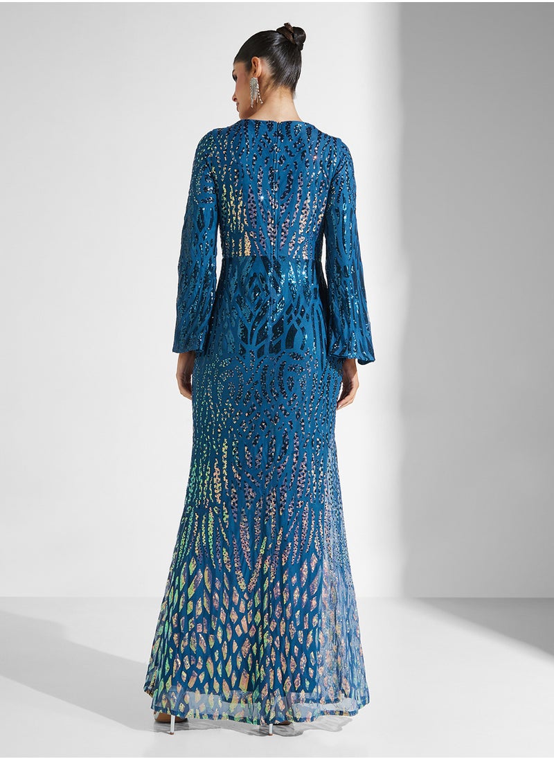 Little Mistress - Embelished Texture Long Split Sleeve V-Neck Fishtail  Dress - Image 1