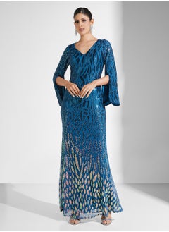 Little Mistress Embelished Texture Long Split Sleeve V-Neck Fishtail  Dress  - Image 4