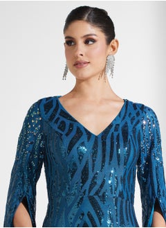 Little Mistress Embelished Texture Long Split Sleeve V-Neck Fishtail  Dress  - Image 3