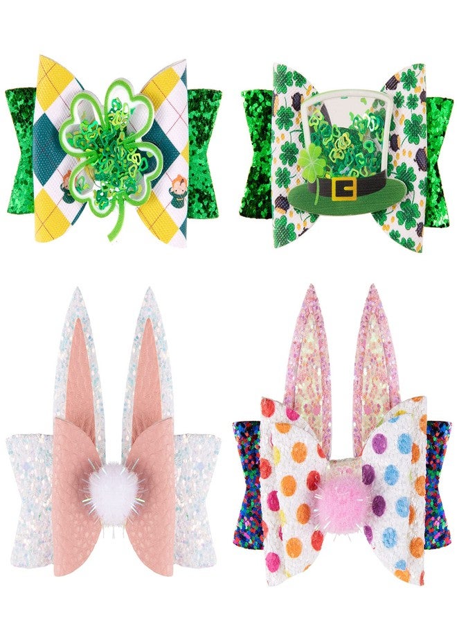 Whaline St. Patrick's Day & Easter Bow Clips Glitter Shamrock Clover Bunny Rabbit Hair Pins Quicksand Sequin Bow Hair Barrettes Alligator Clip Hair Accessories for Girls Women Birthday Gifts, 4 Pack - Image 1