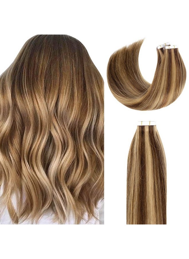 Lacer Remy Human Hair Extensions Tape in Highlight Dark Brown to Golden Brown Tape in Human Hair Extensions PU Skin Weft 100% Real Virgin Invisible Hair Double Side 50g 20pcs/set 18 Inch - Image 1