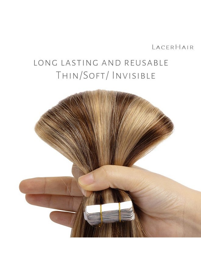Lacer Remy Human Hair Extensions Tape in Highlight Dark Brown to Golden Brown Tape in Human Hair Extensions PU Skin Weft 100% Real Virgin Invisible Hair Double Side 50g 20pcs/set 18 Inch - Image 3
