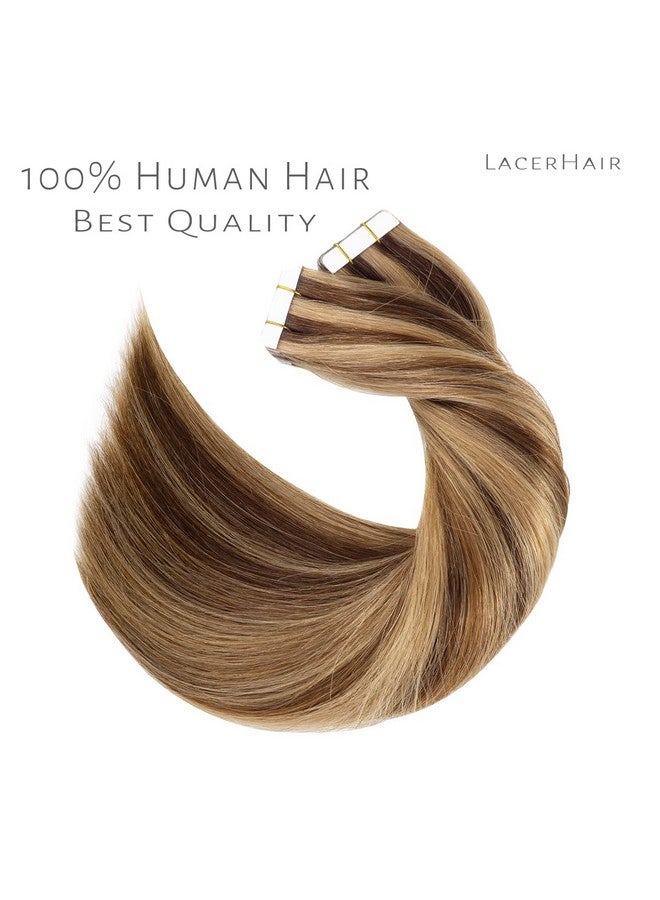 Lacer Remy Human Hair Extensions Tape in Highlight Dark Brown to Golden Brown Tape in Human Hair Extensions PU Skin Weft 100% Real Virgin Invisible Hair Double Side 50g 20pcs/set 18 Inch - Image 5