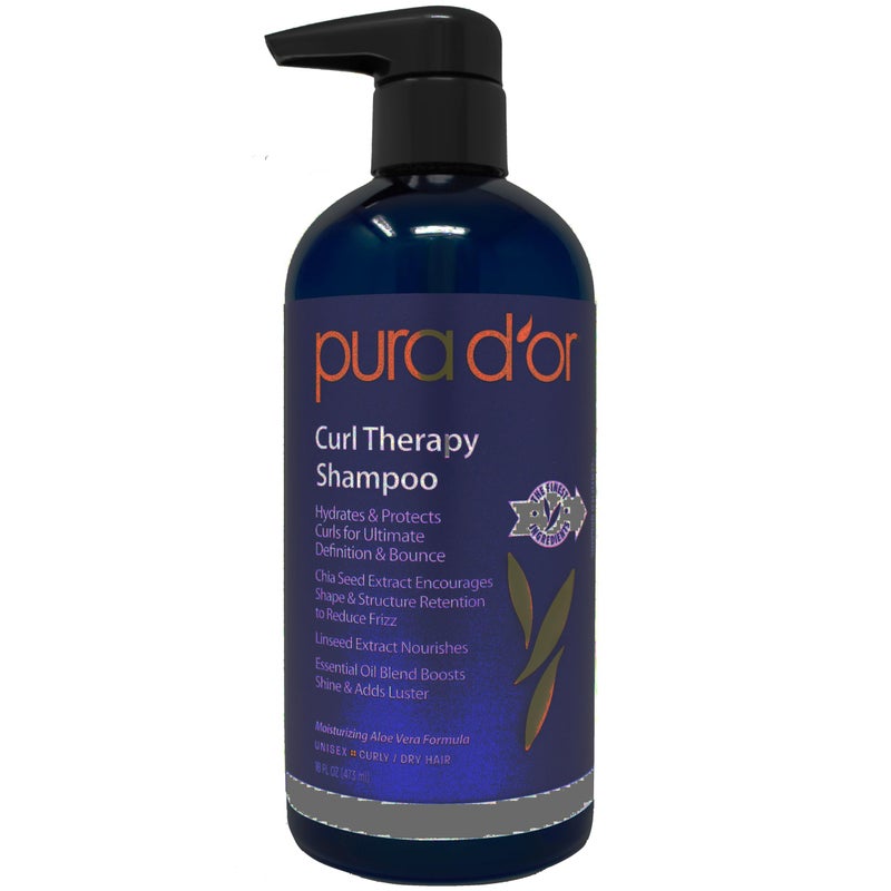 PURA D'OR Curl Therapy Shampoo (16oz) for Curly, Wavy or Frizzy Hair, Improves Shine, Definition & Bounce, Gentle Sulfate Free Formula Infused with Natural & Organic Ingredients, for Men and Women - Image 1