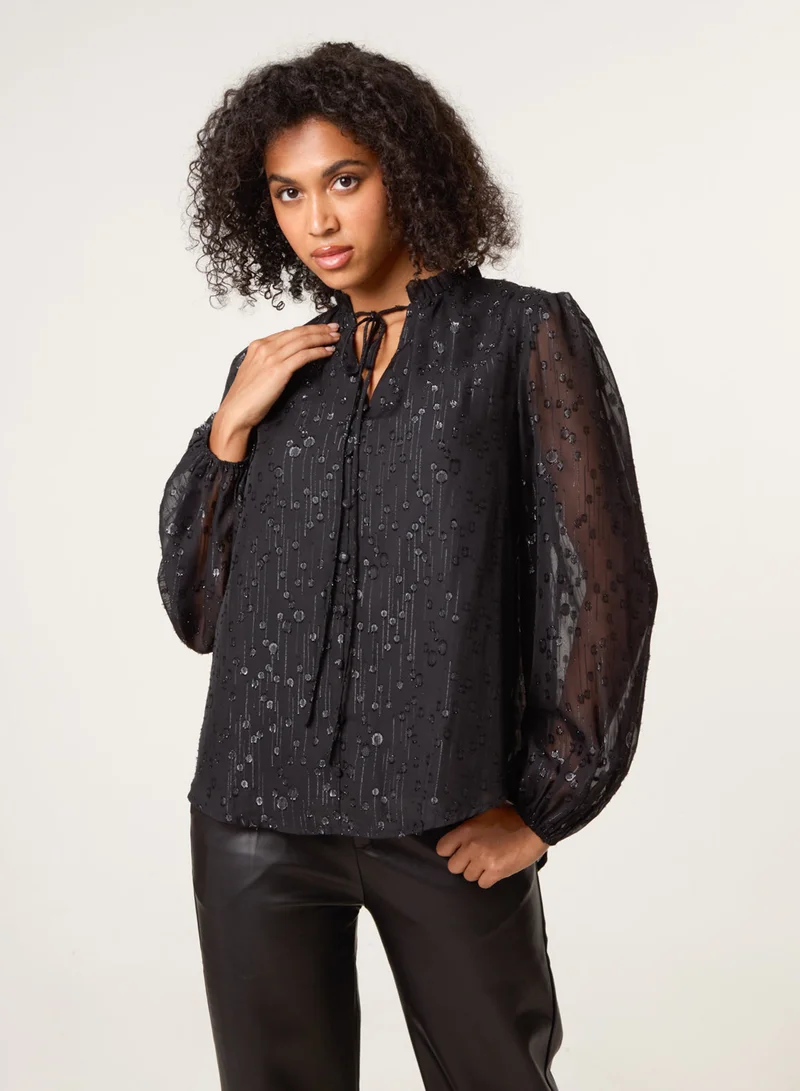 Blue Vanilla Jacquard Button And Tie Front Blouse