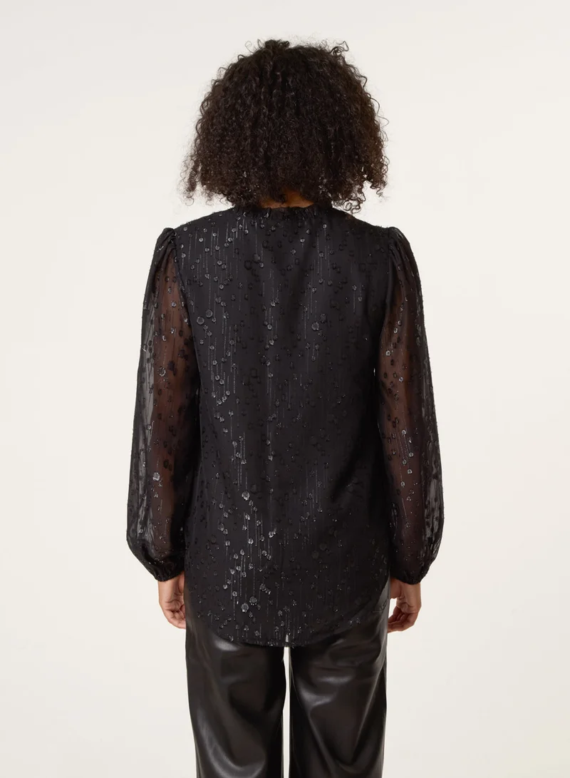 Blue Vanilla Jacquard Button And Tie Front Blouse