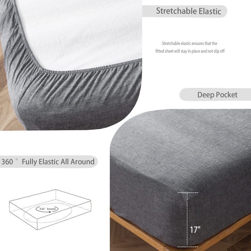 MooMee Fitted Bottom Sheet Only 100% Washed Cotton Linen Like Textured Breathable Durable Soft Comfy Deep Pocket Fits Mattress up to 17"" (Dark Grey  Queen) - Image 4