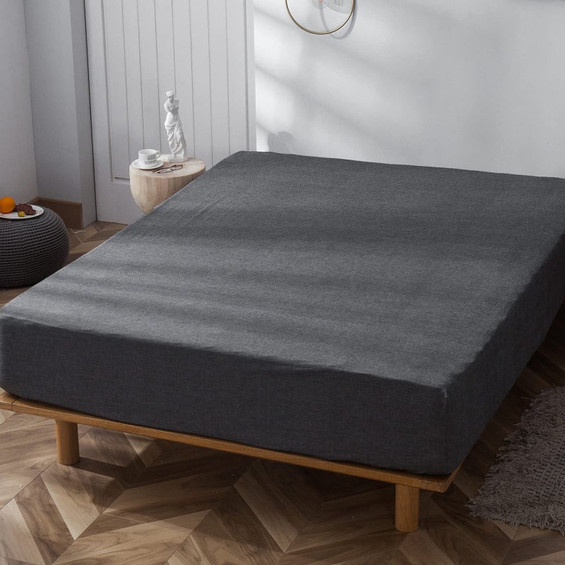 MooMee Fitted Bottom Sheet Only 100% Washed Cotton Linen Like Textured Breathable Durable Soft Comfy Deep Pocket Fits Mattress up to 17"" (Dark Grey  Queen) - Image 3