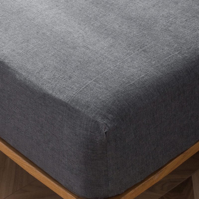 MooMee Fitted Bottom Sheet Only 100% Washed Cotton Linen Like Textured Breathable Durable Soft Comfy Deep Pocket Fits Mattress up to 17"" (Dark Grey  Queen) - Image 1