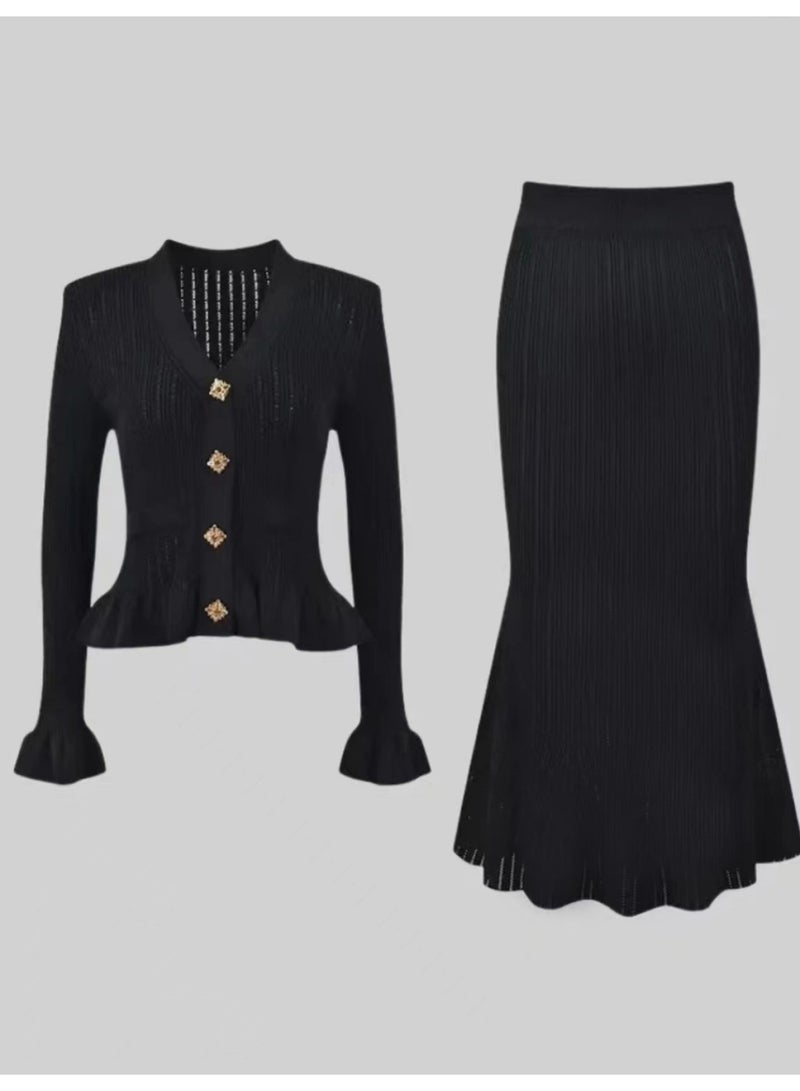 Ruffled V-neck Top & Skirt Set