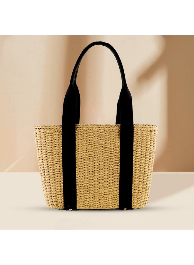 QTKJ Straw Bag, Beach Bags for Women, Woven Hand Bag, Padded Canvas Paneled Shoulder Straps, Simple Large Handmade Shoulder Bags Suitable for Vacation Travel Daily (Khaki) - Image 4