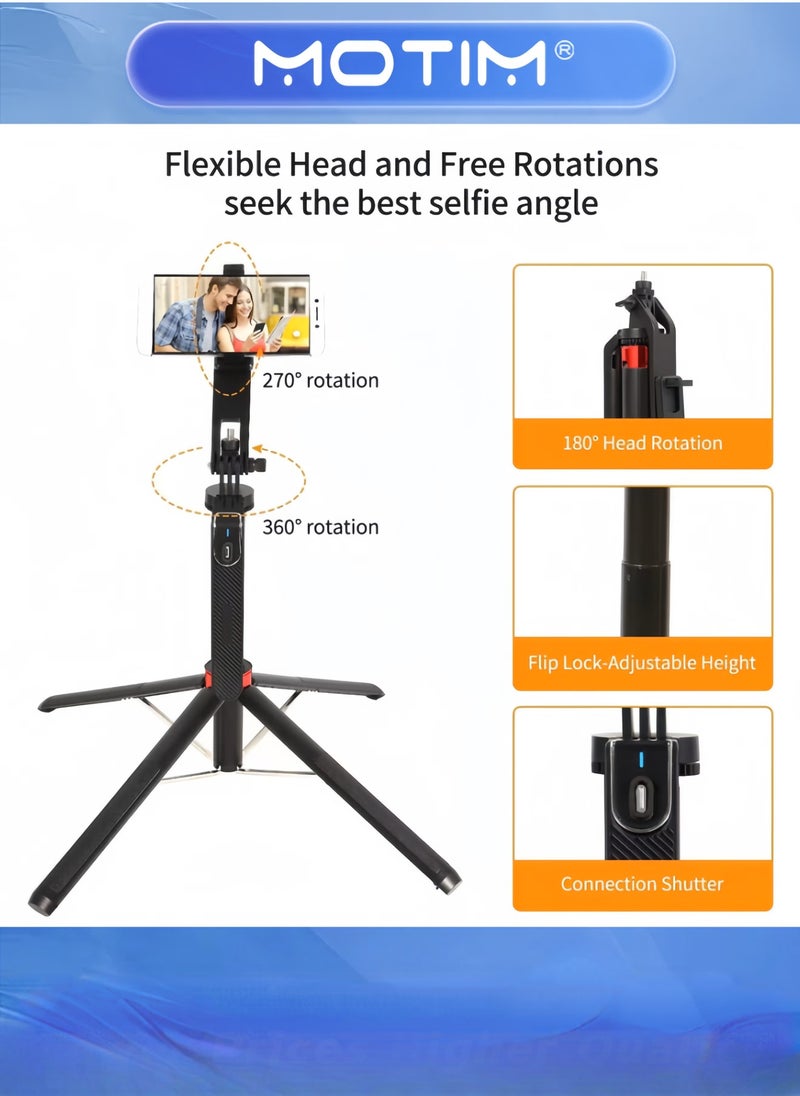 Motim 71-inch Tall Selfie Stick Tripod with Remote Upgraded Aluminum Alloy Quadripod for iPhone/Android/GoPro/Insta360 - Image 2