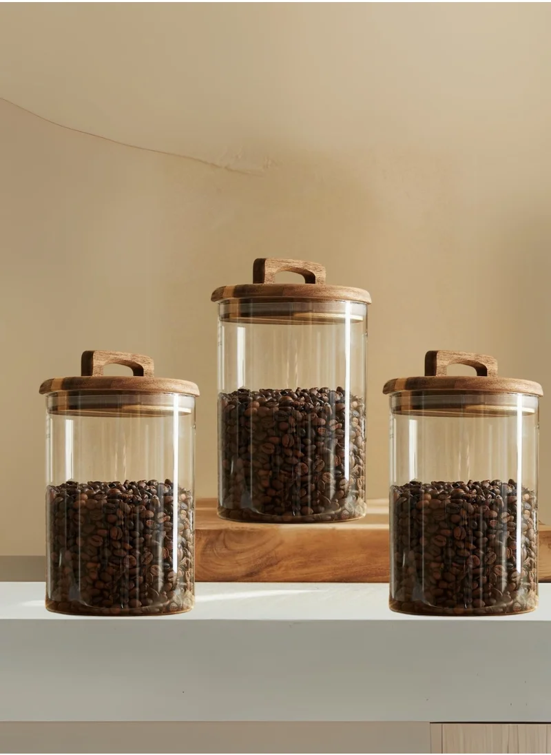 1Chase Borosilicate Glass Food Storage Jar With Acacia Wood Air Tight Lid / Spoon Set Of 3 (800 ML)
