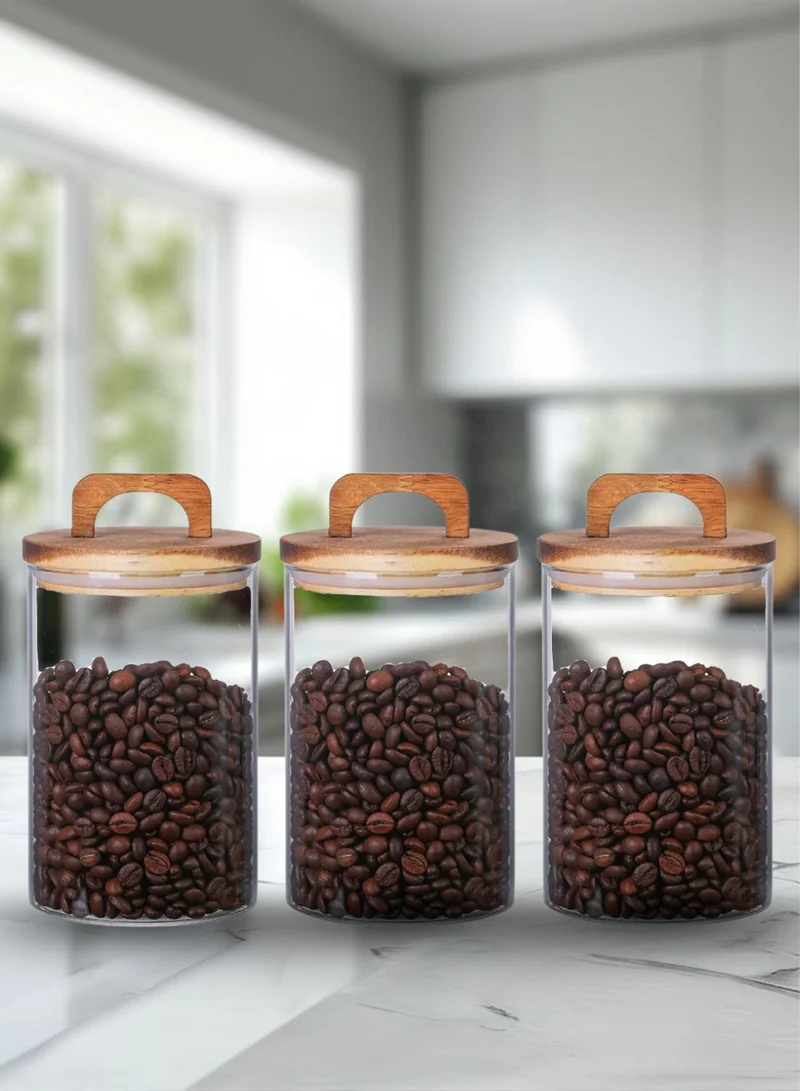 1Chase Borosilicate Glass Storage Jars with Airtight Acacia Wood Lid – Set of 3 (800ML) | Handmade Canisters for Kitchen Pantry, Pasta, Coffee, Snacks & Dry Food