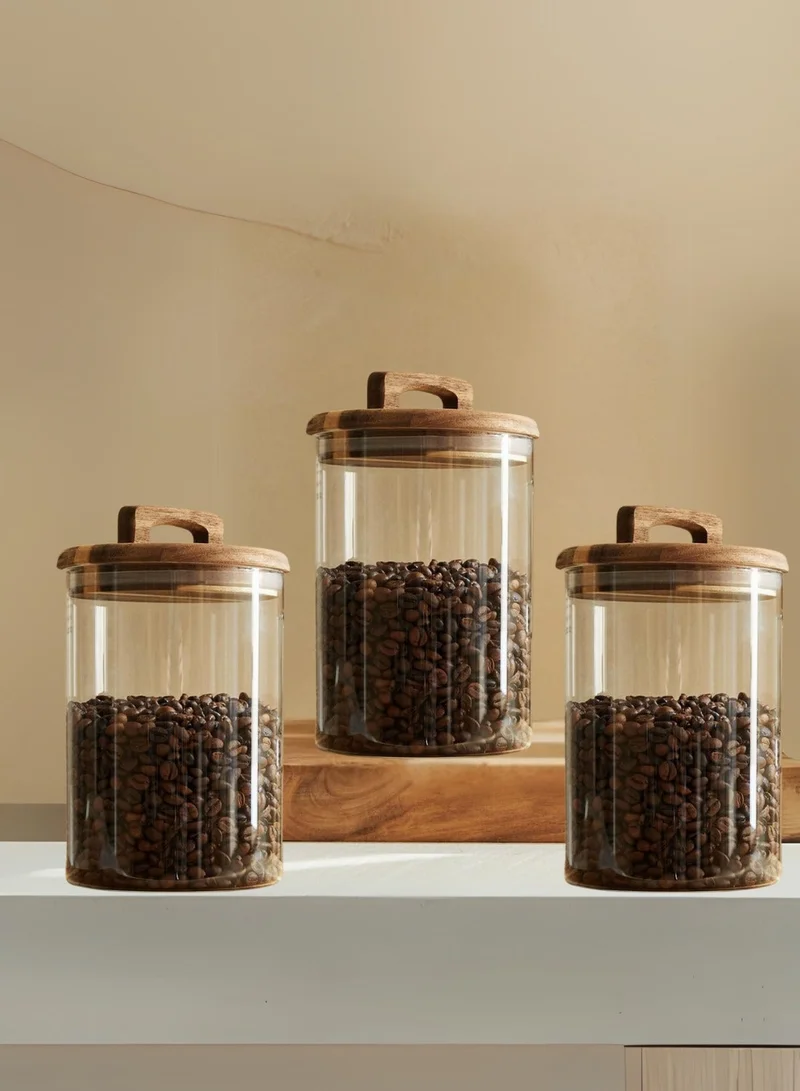 1Chase Borosilicate Glass Storage Jars with Airtight Acacia Wood Lid – Set of 3 (800ML) | Handmade Canisters for Kitchen Pantry, Pasta, Coffee, Snacks & Dry Food