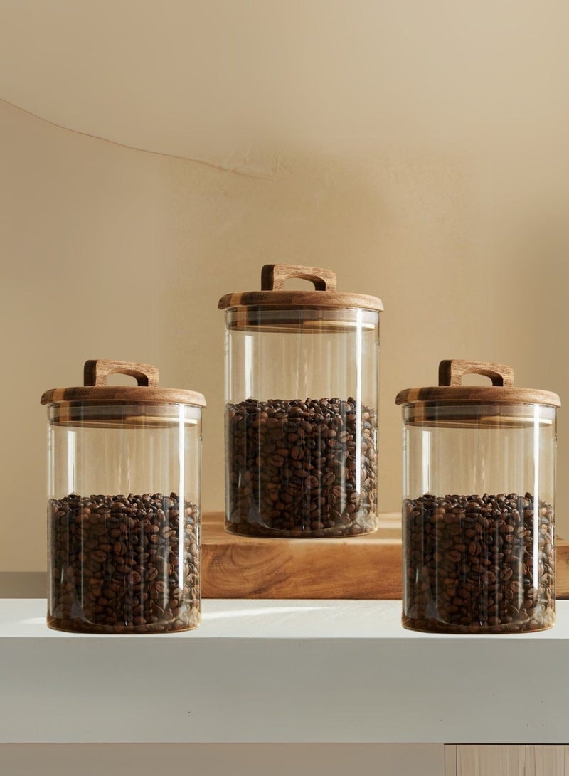 1Chase Borosilicate Glass Storage Jars with Airtight Acacia Wood Lid – Set of 3 (800ML) | Handmade Canisters for Kitchen Pantry, Pasta, Coffee, Snacks & Dry Food - Image 2