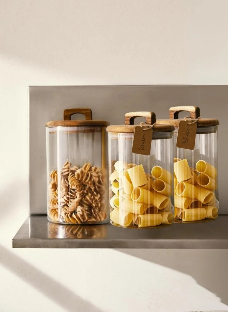1Chase Borosilicate Glass Storage Jars with Airtight Acacia Wood Lid – Set of 3 (800ML) | Handmade Canisters for Kitchen Pantry, Pasta, Coffee, Snacks & Dry Food