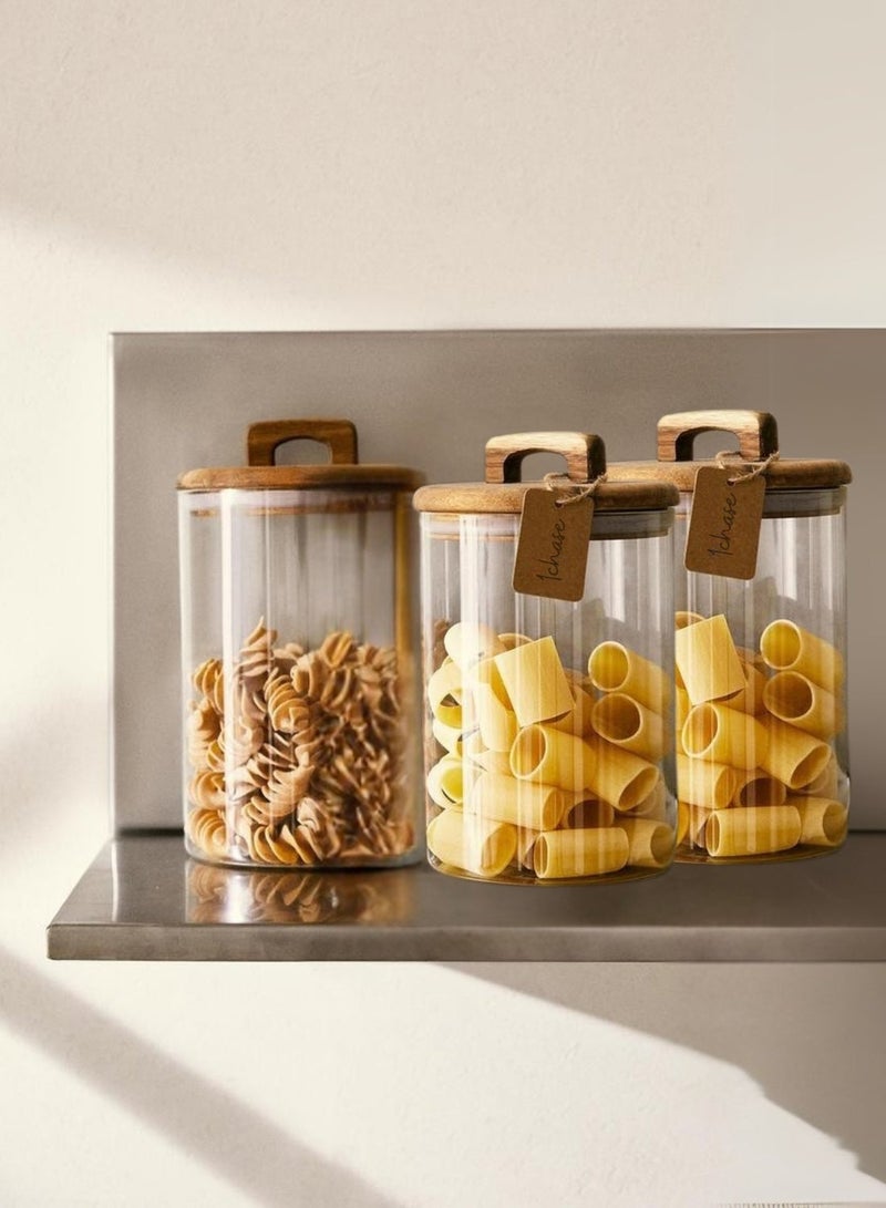 1Chase Borosilicate Glass Storage Jars with Airtight Acacia Wood Lid – Set of 3 (800ML) | Handmade Canisters for Kitchen Pantry, Pasta, Coffee, Snacks & Dry Food - Image 1