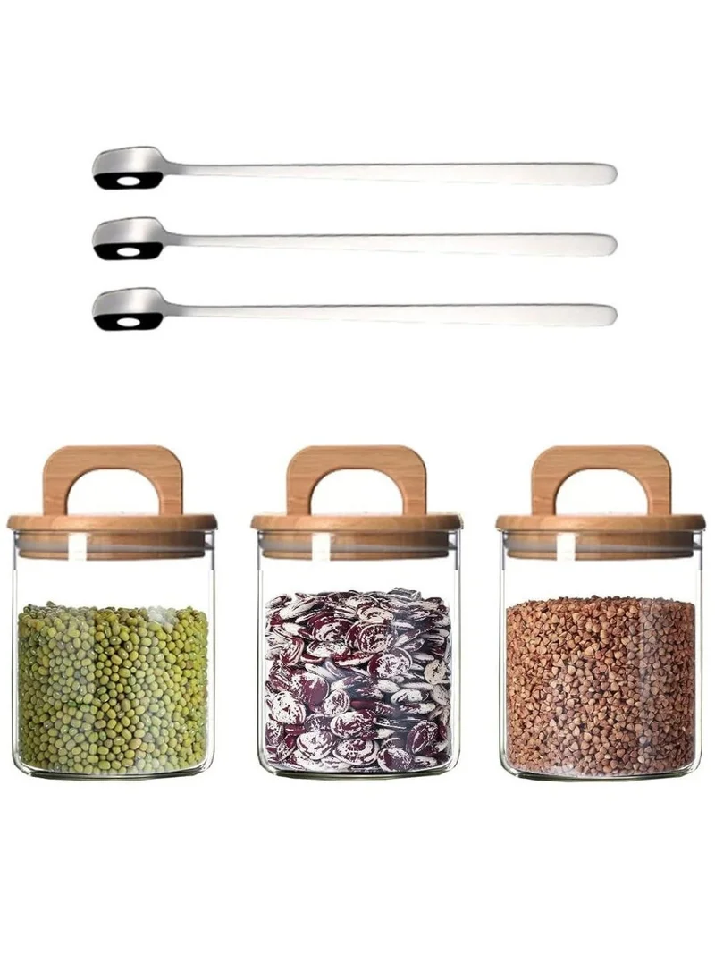 1 تشيس Borosilicate Glass Food Storage Jar With Acacia Wood Air Tight Lid / Spoon Set Of 3 (800 ML)