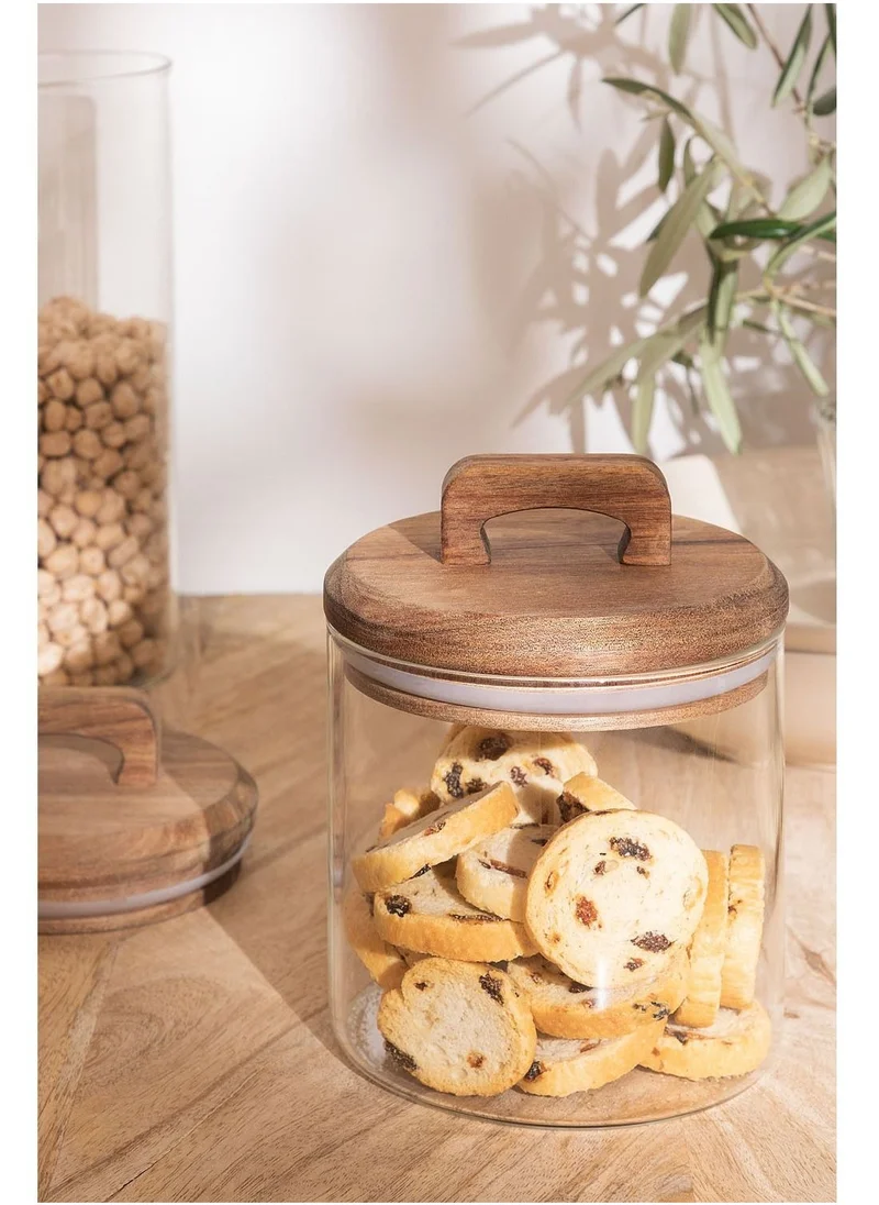 1Chase Borosilicate Glass Food Storage Jar With Acacia Wood Air Tight Lid / Spoon Set Of 3 (800 ML)