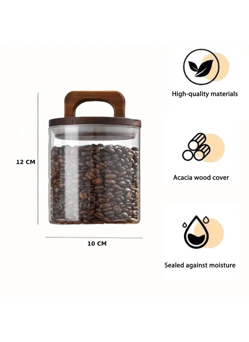 1Chase Borosilicate Glass Food Storage Jar With Acacia Wood Air Tight Lid / Spoon Set Of 3 (800 ML)