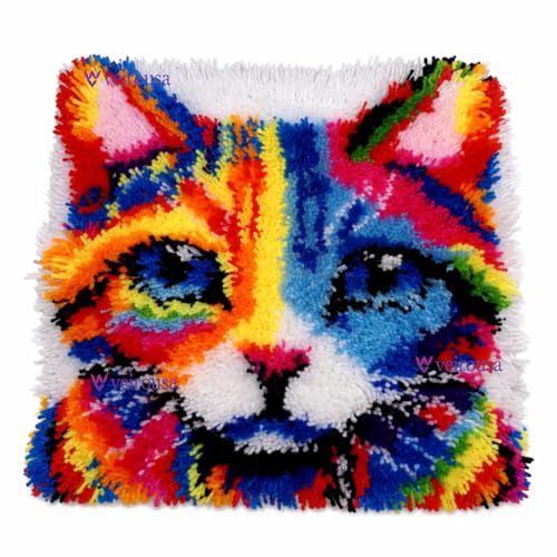 veirousa Colorful Cat Latch Hook Kits for Adults Beginners Cute Animals Latch Hook Pillow Kit PrePrinted Latch Hook Rug Kits CrossStitch Embroidery Cushion for Home Sofa Decoration 17x17 in - Image 3