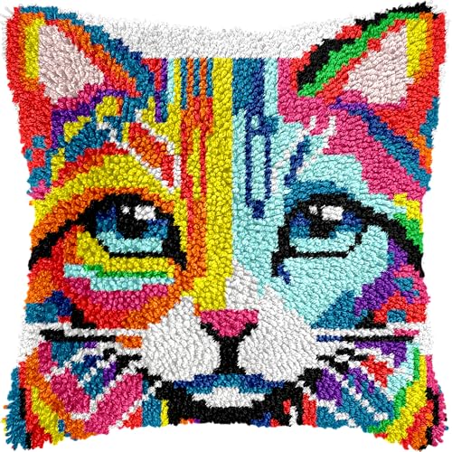 veirousa Colorful Cat Latch Hook Kits for Adults Beginners Cute Animals Latch Hook Pillow Kit PrePrinted Latch Hook Rug Kits CrossStitch Embroidery Cushion for Home Sofa Decoration 17x17 in - Image 1