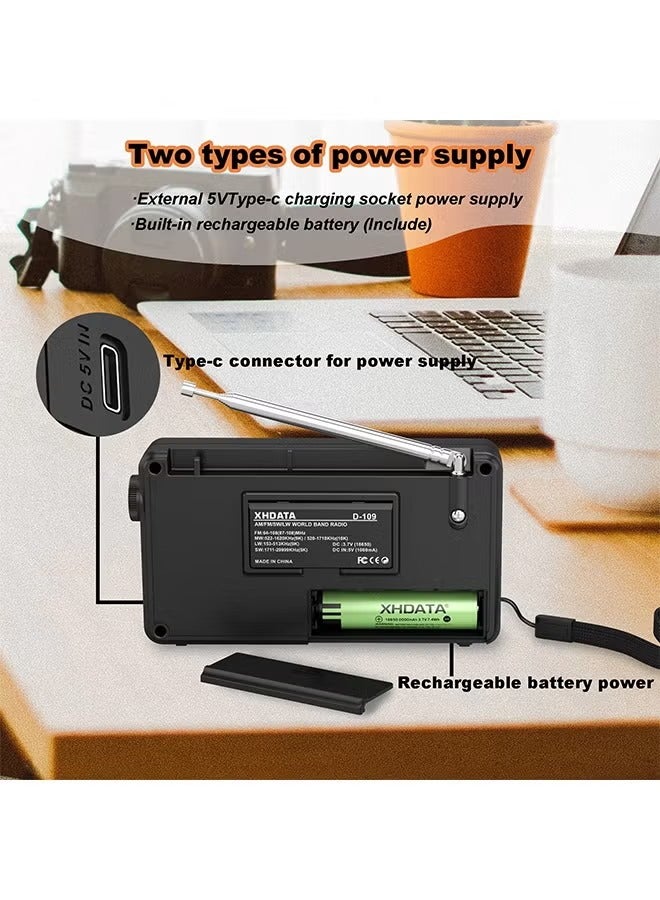 XHDATA D-109 Stereo Digital Portable Radio AM SW MW FM Radio Bluetooth Compatible Multifunctional Radio Support TF Card Player - Image 3