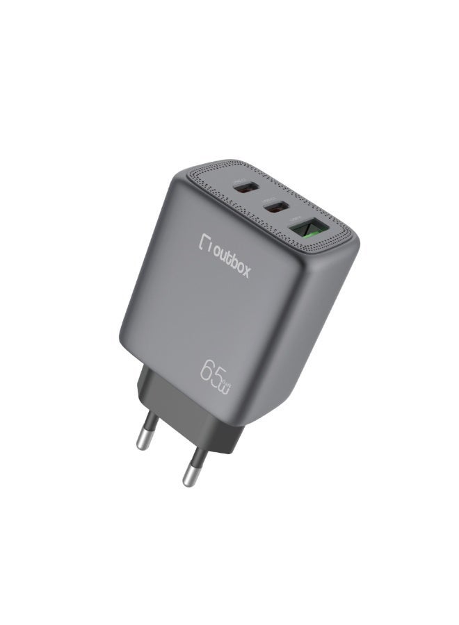أوت بوكس شاحن سريع بقوة 65 واط بتقنية GaN، مزود بمنفذ USB-C لتوصيل الطاقة، محول حائط لأجهزة الكمبيوتر المحمولة والهواتف الذكية - شاحن سفر صغير الحجم، أسود اللون - Image 1