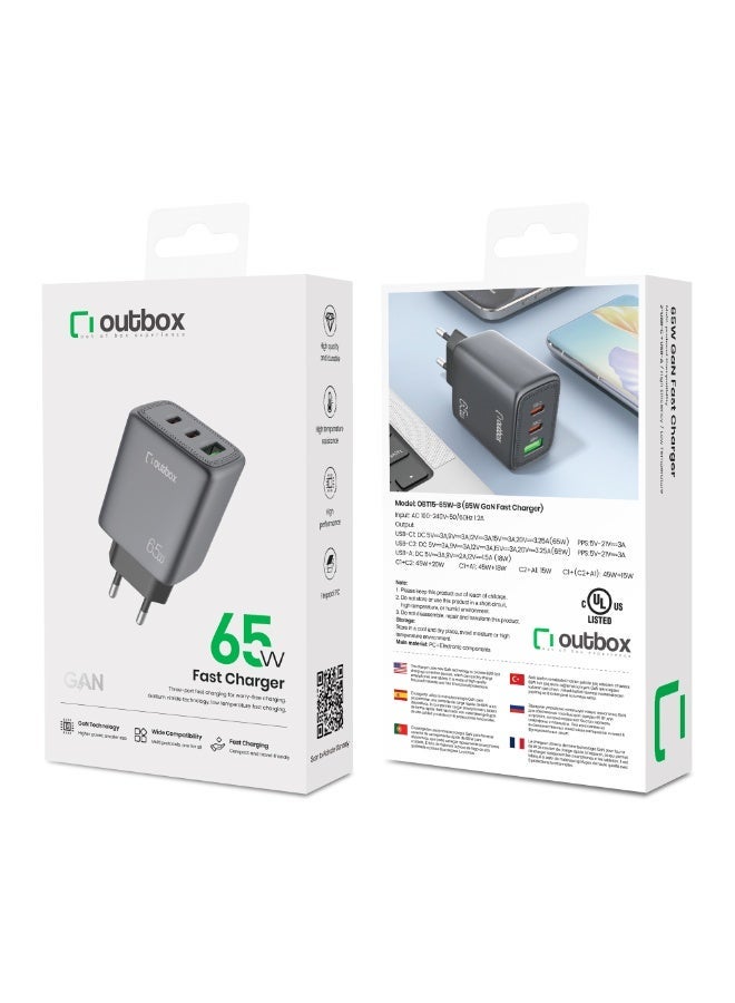أوت بوكس شاحن سريع بقوة 65 واط بتقنية GaN، مزود بمنفذ USB-C لتوصيل الطاقة، محول حائط لأجهزة الكمبيوتر المحمولة والهواتف الذكية - شاحن سفر صغير الحجم، أسود اللون - Image 2