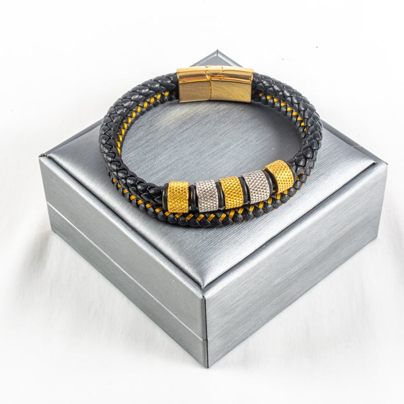 أسورة رجالي أستانليس ستيل وجلد 2 دور ذهبي - Image 1