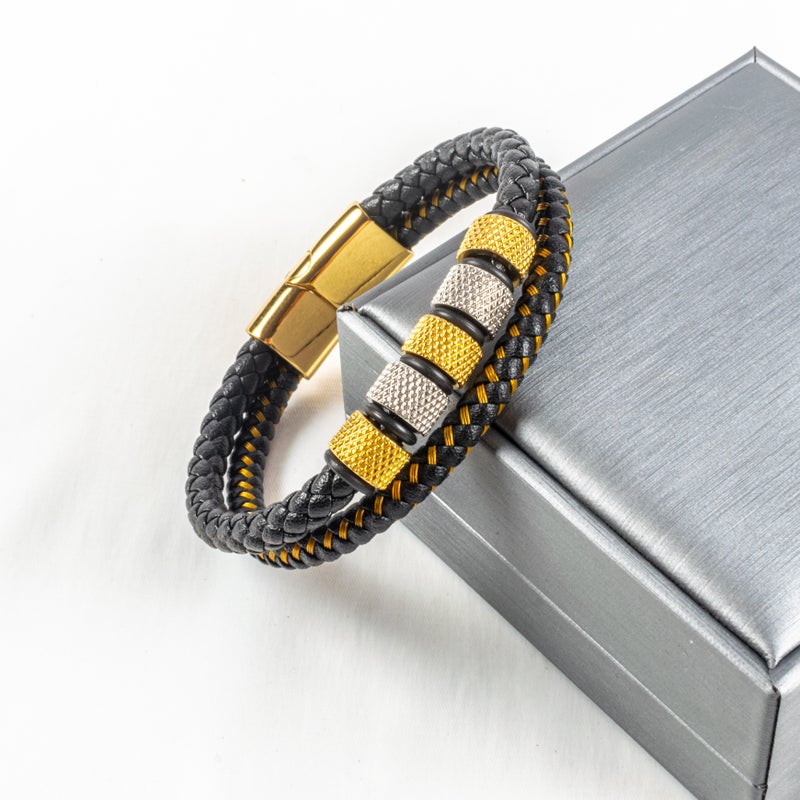 أسورة رجالي أستانليس ستيل وجلد 2 دور ذهبي - Image 2